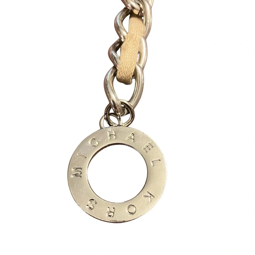 Michael Kors Silver-Tone Chain Belt with Beige Fabric Weave